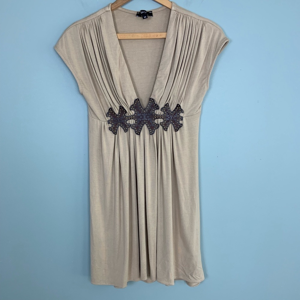Sky Beige V-Neck Tunic or Dress with Beaded Applique
